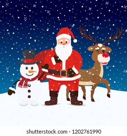 Vector cartoon Santa Claus with snowman and reindeers. Christmas card with cute characters. Traditional background for winter holiday.