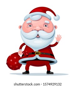 Vector cartoon Santa Claus standing with bag of gifts on white background. RGB. Global color