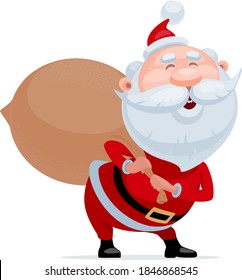 Vector cartoon Santa Claus standing with bag of gifts on white background. RGB. Global color