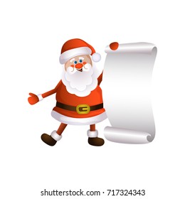 vector cartoon Santa Claus standing in red white clothing and hat keeping blank white paper with free space for a text. Illustration isolated on a white background. Christmas ,new year poster design