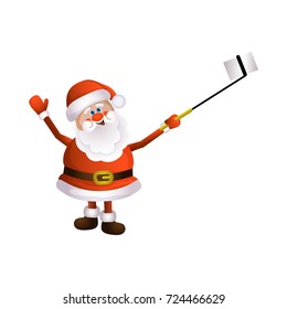 vector cartoon Santa Claus standing in red white clothing and hat making selfie by stick. Illustration isolated on a white background. Christmas ,new year poster design