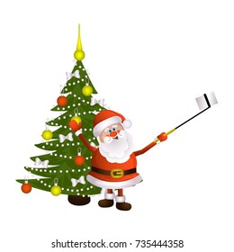 vector cartoon Santa Claus standing in red white clothing and hat making selfie by stick on decorated spruce tree background. Illustration isolated on a white background. Christmas poster design