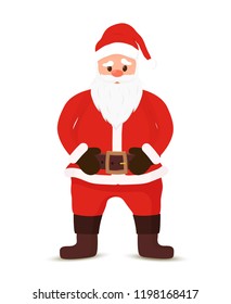 Vector cartoon Santa Claus with a white beard. Christmas symbol in red clothing, brown boots. The traditional character of winter holiday. Funny old man.