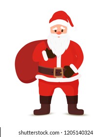 Vector cartoon Santa Claus with a white beard and gift sack. Christmas symbol in red clothing, brown boots with bag of presents. The traditional character of winter holiday. Funny old man.