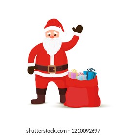 Vector cartoon Santa Claus with a white beard and gift sack. Christmas symbol in red clothing, brown boots with bag of presents. The traditional character of winter holiday. Funny old man.