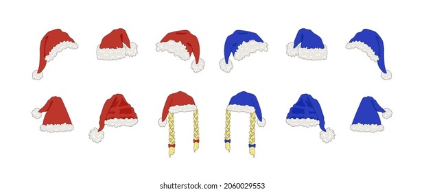 Vector Cartoon Santa Hats, Red and Blue Hats, Christmas Design Element, Set Isolated on White Background, Colorful Christmas and New Year Icons.