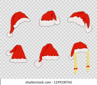 Vector Cartoon Santa Hats Set, Isolated on Transparent Background Decorative Christmas Elements, Colorful Clip Art.