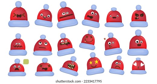 Vector cartoon santa red hat character collection isolated on white background. Childrens Merry Christmas design elements big set with funky hats. Christmas smile, emoji and sticker collection.