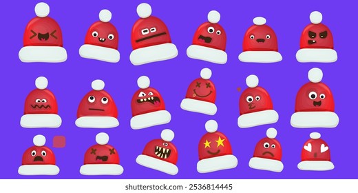 Vector cartoon santa red hat character collection isolated on blue background. Childrens Merry Christmas design elements big set with funky hats. Christmas smile, emoji and sticker collection.