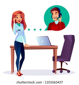 Vector cartoon satisfied customer calling to user helpline operator man in headset. Cute young happy client, female manager in office communicates with customer support male employee