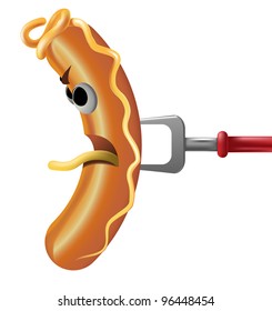 vector cartoon sausage on fork isolated on white, raster version available