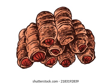 Vector cartoon sausages in dough on white isolated, fast food element. Bakery product