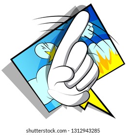 Vector cartoon saying no with his finger. Illustrated hand sign on comic book background.