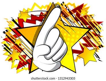 Vector cartoon saying no with his finger. Illustrated hand sign on comic book background.