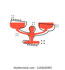Vector cartoon scale weigher icon in comic style. Weigher sign illustration pictogram. Balance business splash effect concept.
