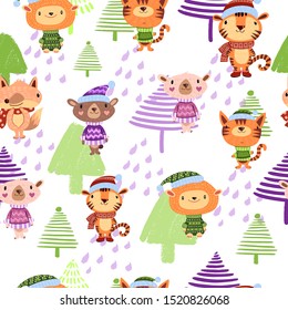 Vector cartoon Scandinavian childish seamless pattern with funny animals and Christmas trees on the background. For apparel, linen, textile, fabric, wrapping paper, souvenirs.