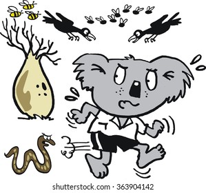 Vector cartoon of scared koala bear running away from fierce snake in Aussie outback. 