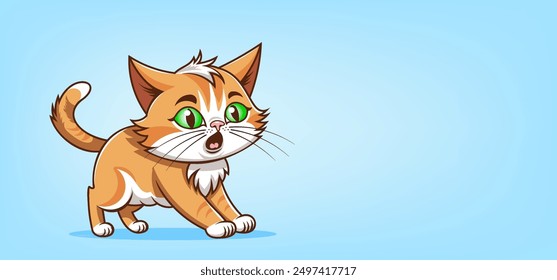 Vector cartoon scared or surprised cute little ruffled ginger kitten. Domestic fluffy pet. Feline emotions. Light blue background.