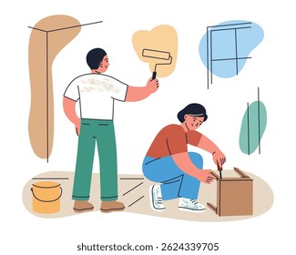 Vector cartoon scene about preparing home for moving in. Man paints walls, woman assembles furniture. Flat illustration of home renovation, setup before moving, relocation planning, apartment interior