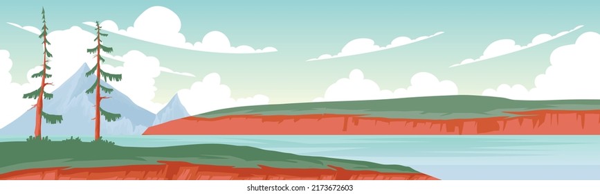 vector cartoon scenery of nature Countryside with lakes and mountains as a background.