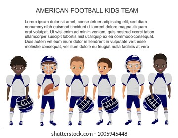 Vector Cartoon School American Footbal Kids Team In Uniform Isolated.