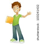 vector cartoon school boy with book smiling and waving isolated on white