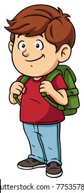 Vector Cartoon School Boy Standing With Green Bag