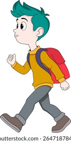 Vector cartoon of a school boy walking with a backpack and serious facial expression.