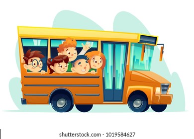 Vector cartoon school bus full of smiling kids. Yellow retro vehicle with smiling boy girl student characters. Children education, transportation travelling design concept, white isolated background