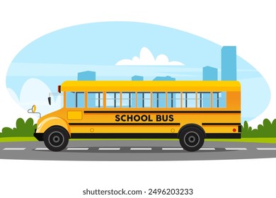 Vector cartoon school bus on city street.