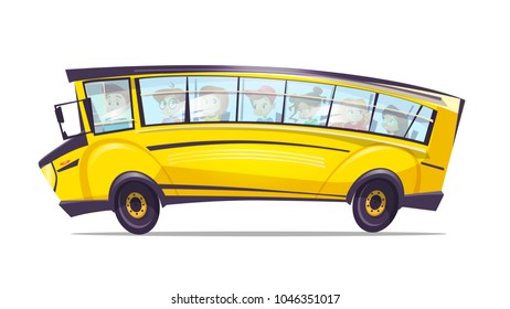 Vector cartoon school bus for pupil kids. Yellow retro vehicle, truck for elementary, high school students. Children education, transportation and travelling design concept, white isolated background