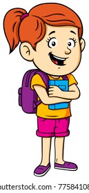 Vector Cartoon School Girl Standing With Backpack and Book