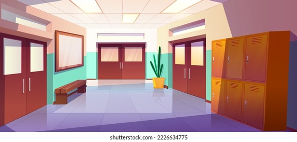 Vector cartoon school hallway interior with metal lockers, ceiling lights, bench and bulletin board on wall. Empty university or college corridor with closed classroom doors and plant on floor.