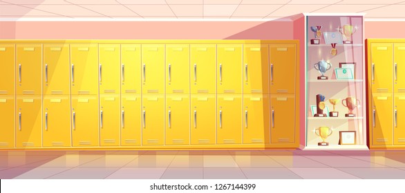 Vector cartoon school hallway with showcase for trophies and yellow lockers at college, university. Individual dressers and glass shop window with golden medal, goblets. Shiny rewards for competitions