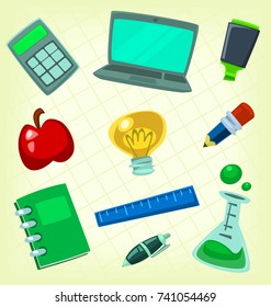 vector cartoon school study item stuff icon including calculator laptop highlighter apple lamp pencil book ruler pen laboratory glass drawing collection set