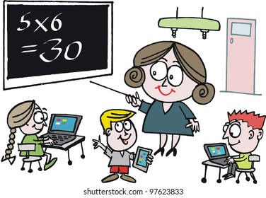 Vector cartoon of school teacher instructing pupils in classroom
