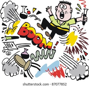 Vector cartoon of scientist being blown up in industrial explosion.