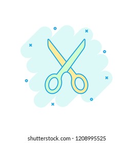 Vector cartoon scissors icon in comic style. Scissor sign illustration pictogram. Shear business splash effect concept.