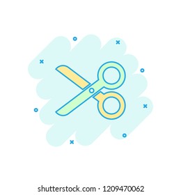 Vector cartoon scissors icon in comic style. Scissor sign illustration pictogram. Shear business splash effect concept.