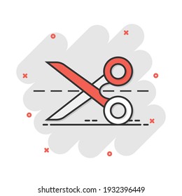 Vector cartoon scissors icon in comic style. Scissor sign illustration pictogram. Shear business splash effect concept.