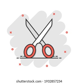 Vector cartoon scissors icon in comic style. Scissor sign illustration pictogram. Shear business splash effect concept.