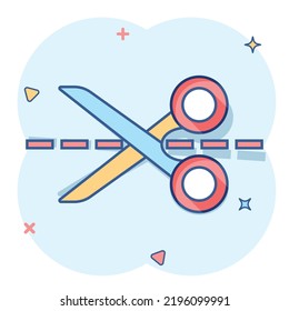 Vector cartoon scissors icon in comic style. Scissor sign illustration pictogram. Shear business splash effect concept.