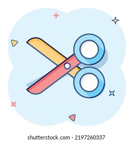 Vector cartoon scissors icon in comic style. Scissor sign illustration pictogram. Shear business splash effect concept.
