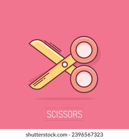 Vector cartoon scissors icon in comic style. Scissor sign illustration pictogram. Shear business splash effect concept.