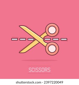 Vector cartoon scissors icon in comic style. Scissor sign illustration pictogram. Shear business splash effect concept.