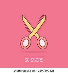 Vector cartoon scissors icon in comic style. Scissor sign illustration pictogram. Shear business splash effect concept.