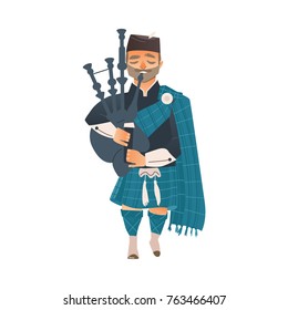 vector cartoon scotland man bagpiper in national traditional clothing holding scottish musical instrument bagpipe. Isolated illustration on a white background.