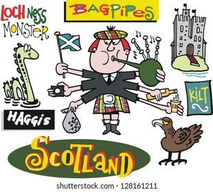 Vector cartoon of Scotsman with Loch Ness monster