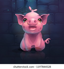 Vector cartoon screaming pig on a brick wall background. Bright image to create original video or web games, graphic design, screen savers.