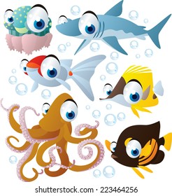 vector cartoon sea animal set: fish, jellyfish, octopus, shark